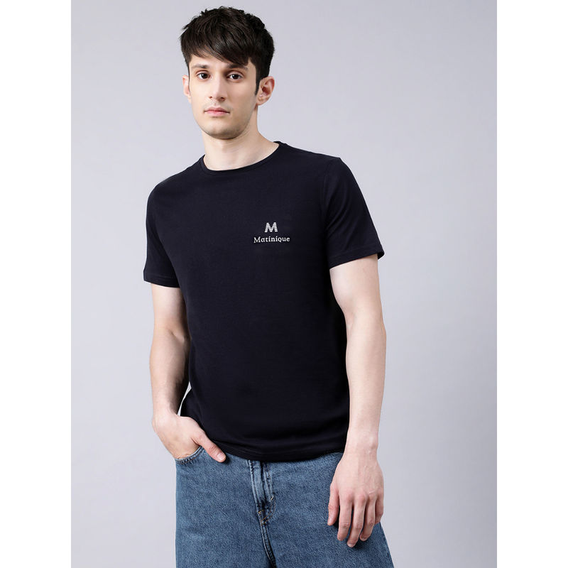 Matinique Dark Navy Solid Round Neck T Shirt (S)